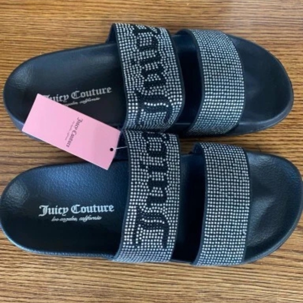 Juicy Couture Women's Slide Sandals Black Rhinestone Size 7M Comfort Cushioned